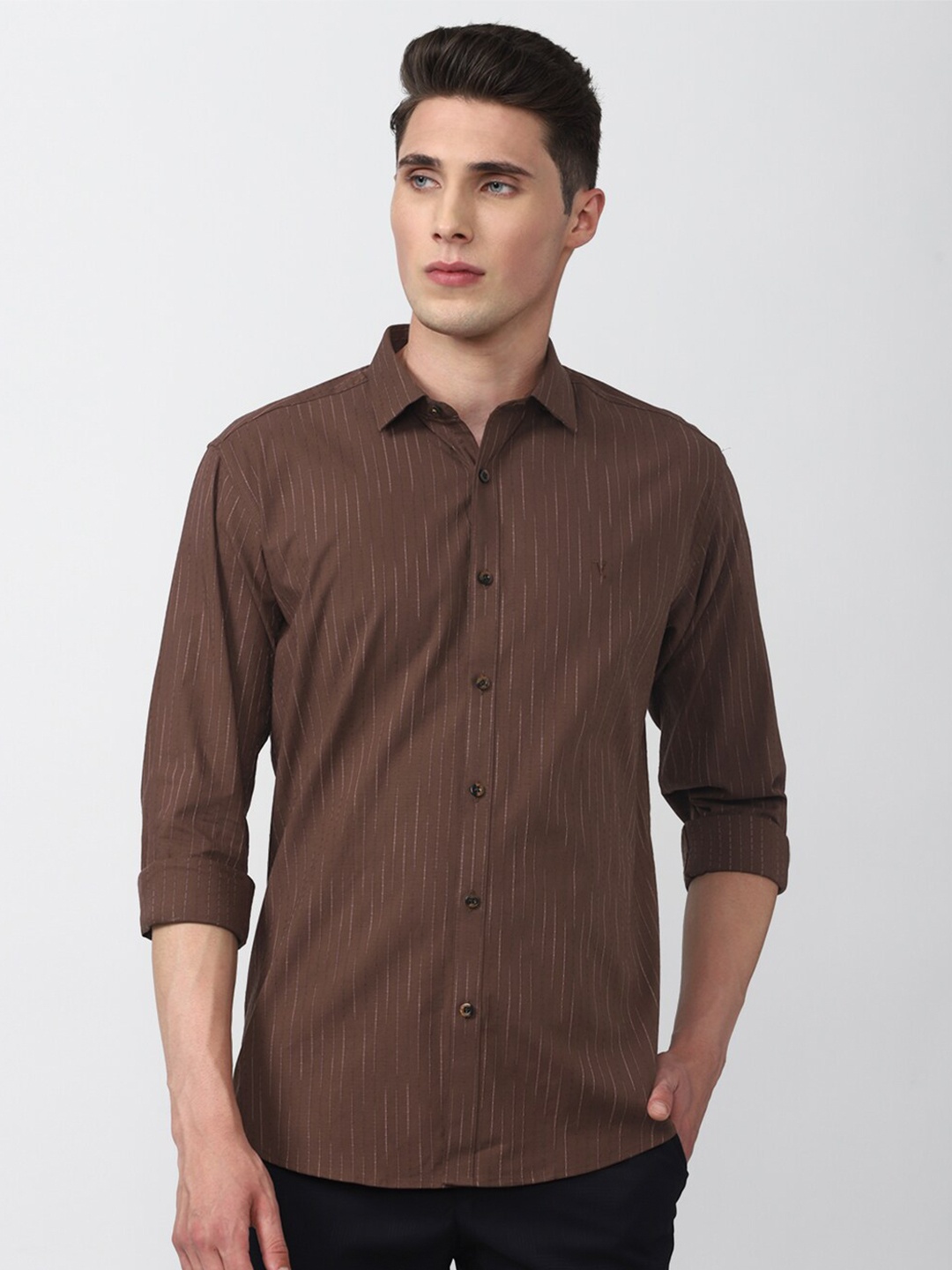 

V Dot Men Slim Fit Striped Casual Shirt, Brown