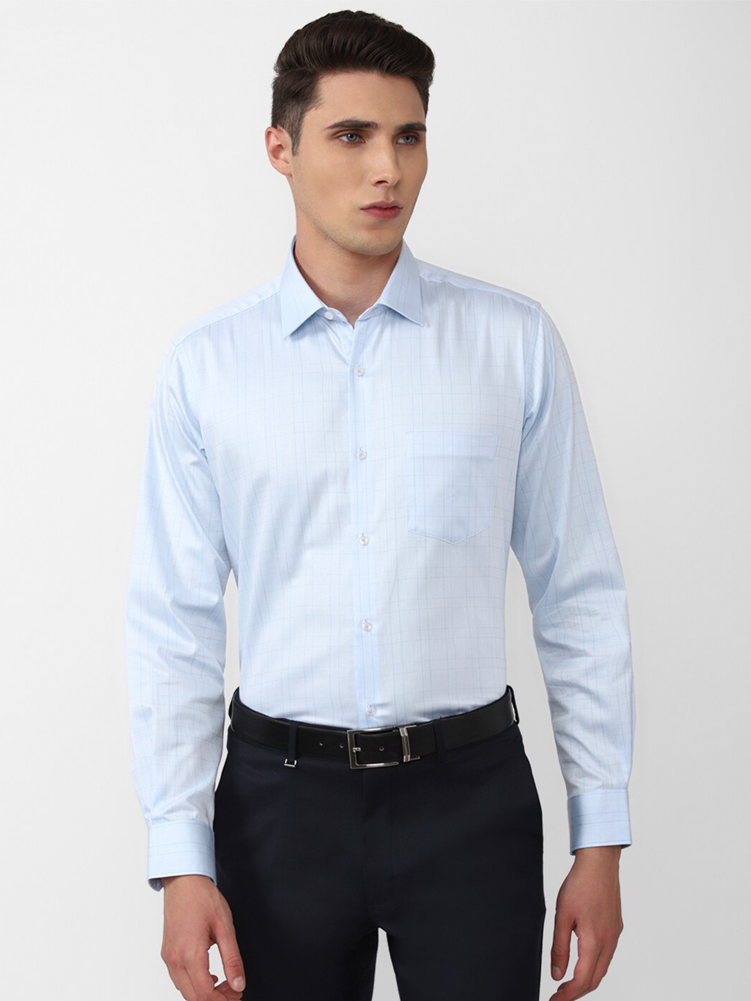 

Van Heusen Men Cotton Grid Tattersall Checks Striped Formal Shirt, Blue