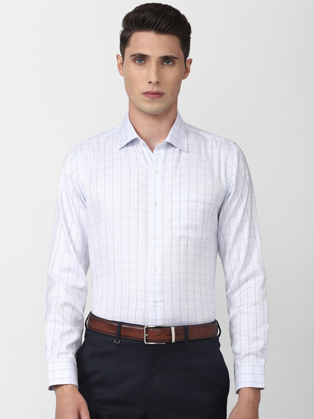 

Van Heusen Men Cotton Slim Fit Grid Tattersall Checks Checked Formal Shirt, White