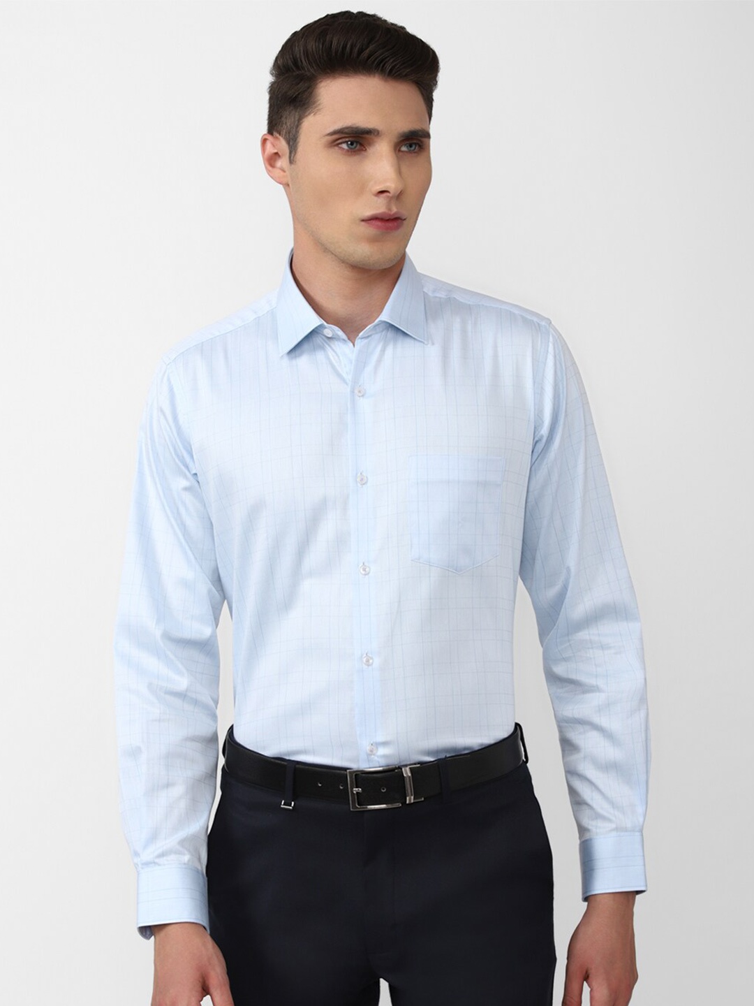 

Van Heusen Men Cotton Grid Tattersall Checks Striped Formal Shirt, Blue