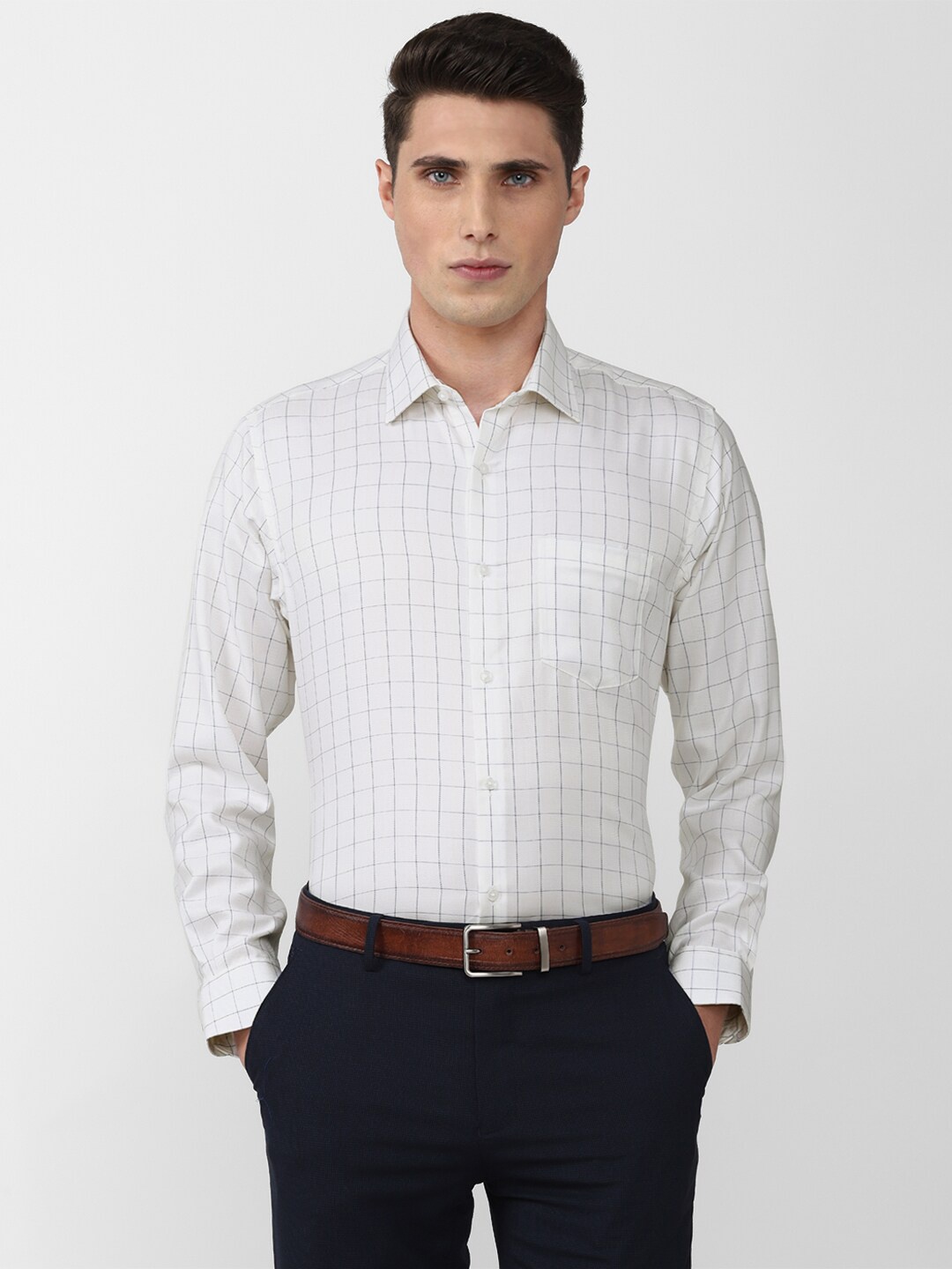 

Van Heusen Durapress Men Cotton Grid Tattersall Checks Checked Wrinkle Resistant & Easy Care Formal Shirt, White