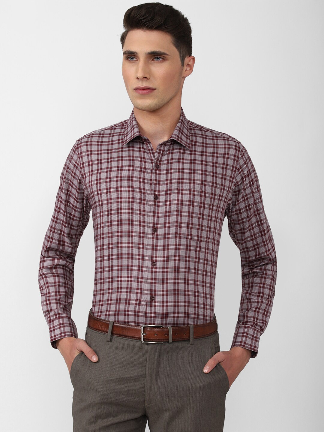 

Van Heusen Men Slim Fit Checked Pure Cotton Formal Shirt, Maroon