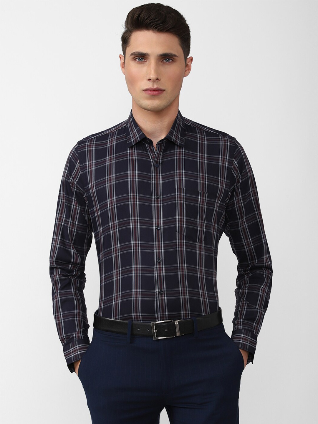 

Van Heusen Men Navy Blue Slim Fit Checked Formal Shirt