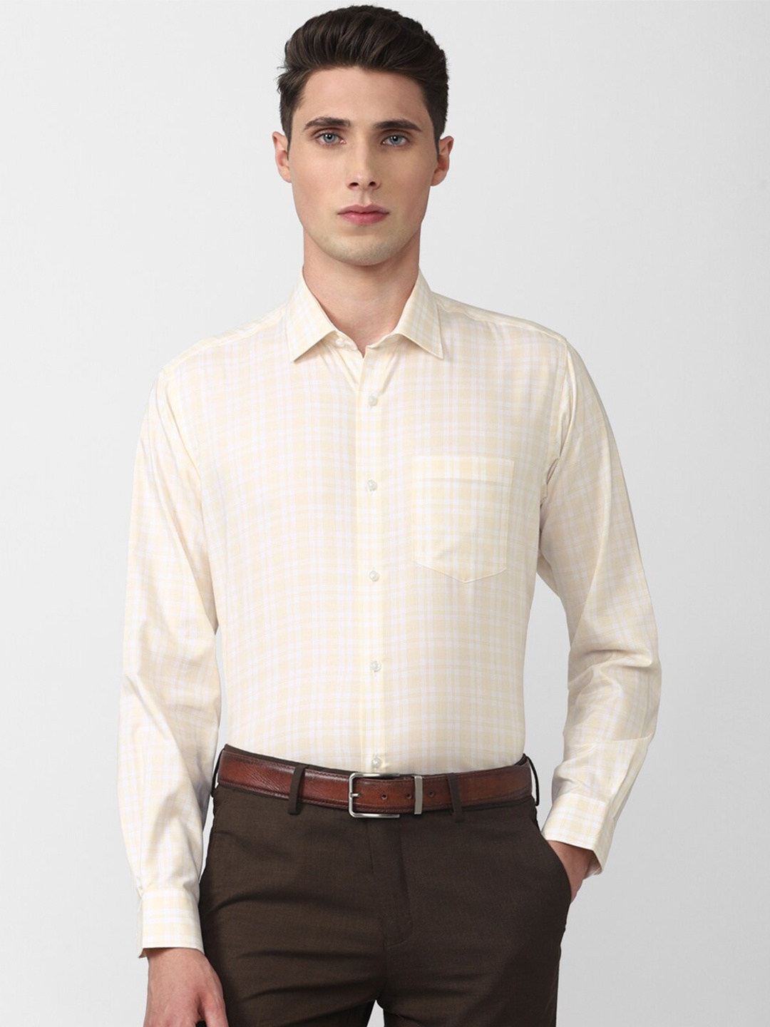 

Van Heusen Men Checked Pure Cotton Formal Shirt, Cream