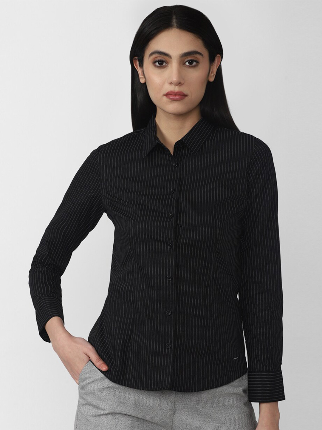 

Van Heusen Woman Women Striped Formal Shirt, Black