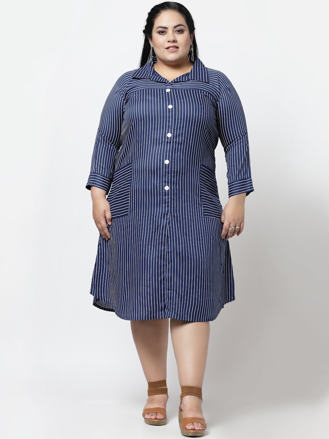 

FAZZN Women Plus Size Rayon Striped Shirt Dress, Blue