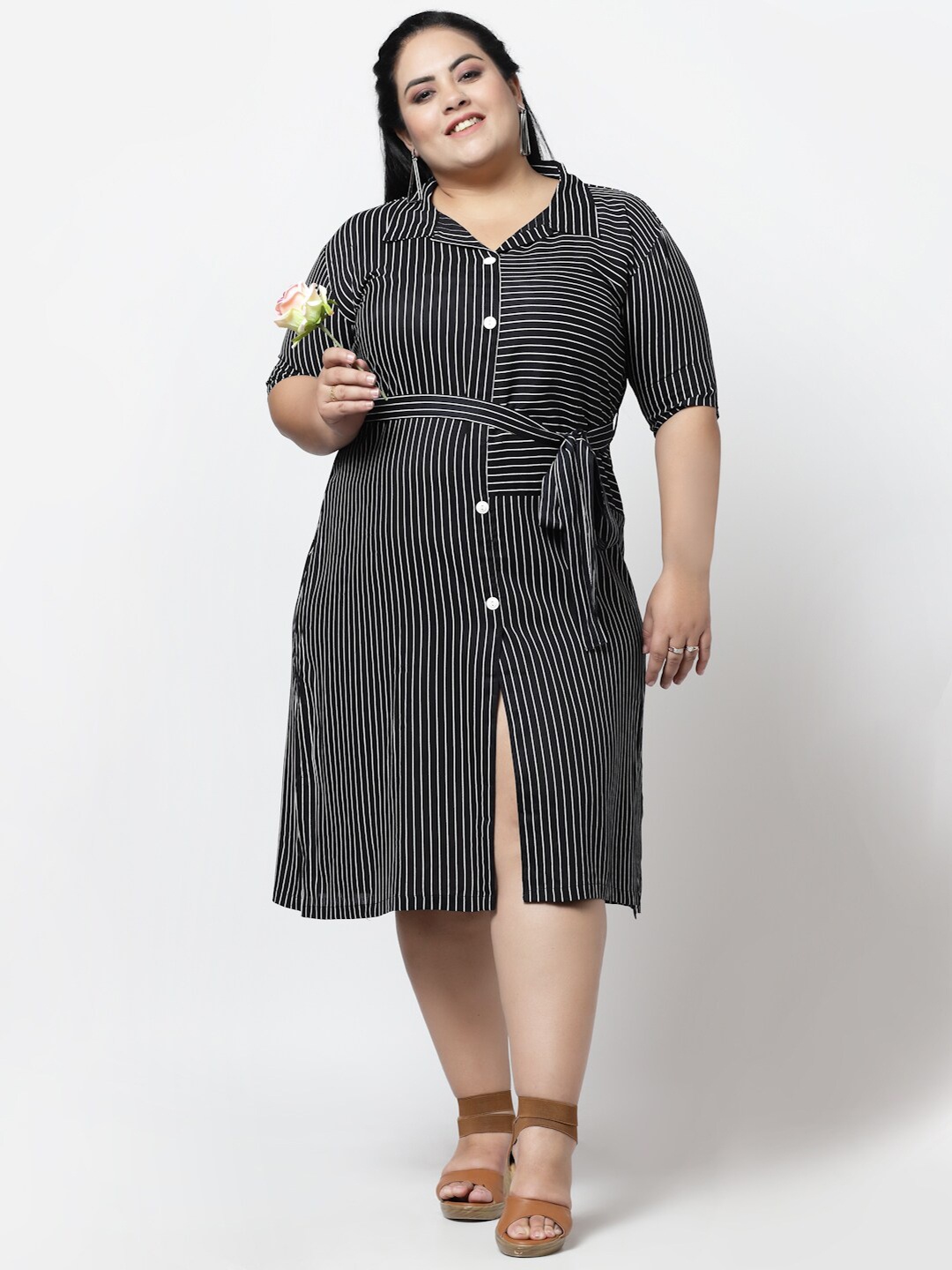 

FAZZN Women Plus Size Rayon Striped Shirt Dress, Black