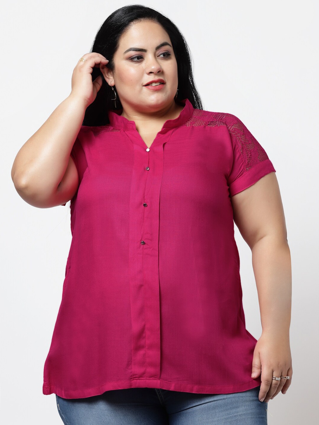 

FAZZN Women Plus Size Solid Shirt Style Top, Pink