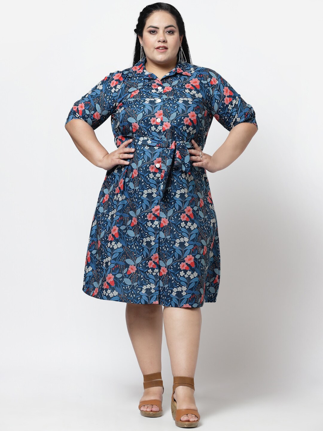 

FAZZN Women Plus Size Cotton Floral Printed Shirt Dress, Teal