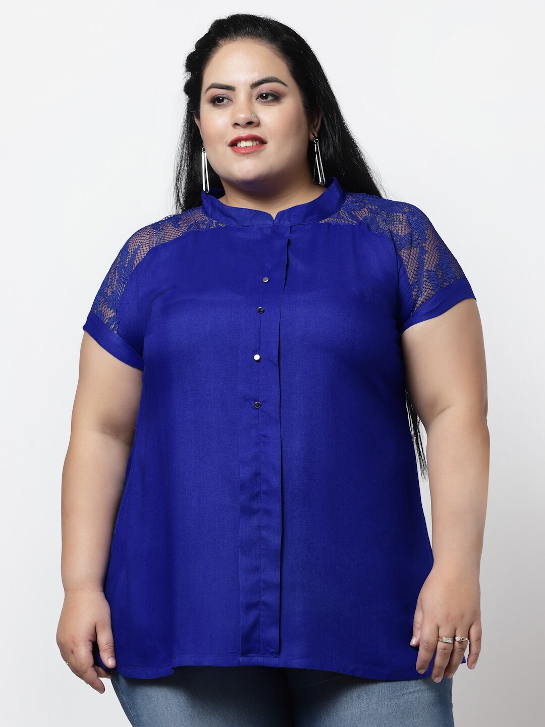 

FAZZN Women Plus Size Solid Shirt Style Top, Blue