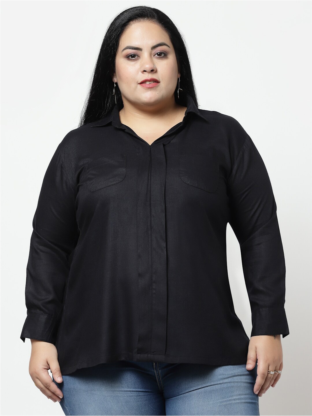 

FAZZN Women Plus Size Solid Shirt Style Top, Black