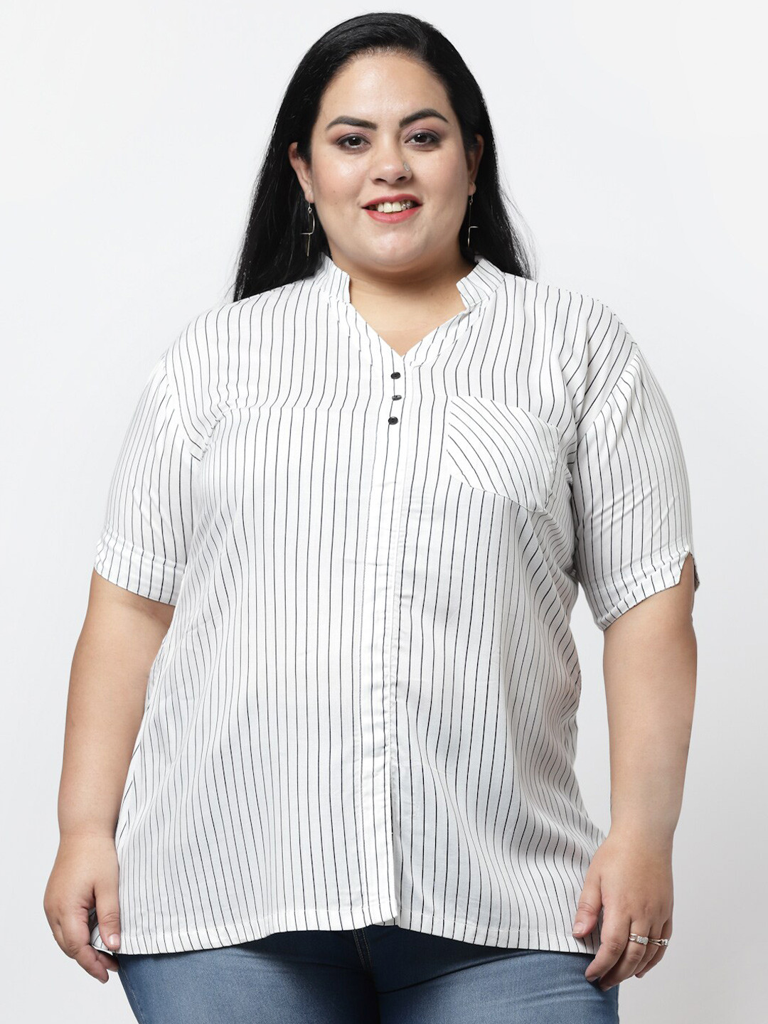 

FAZZN Women Plus Size Striped Shirt Style Top, White
