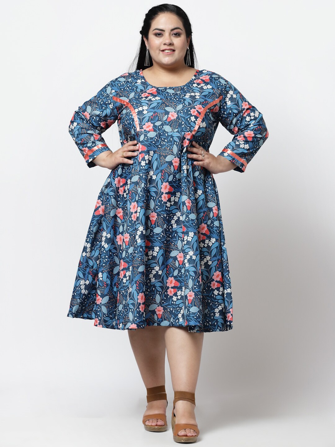 

FAZZN Women Plus Size Floral Printed Cotton A-Line Dress, Blue