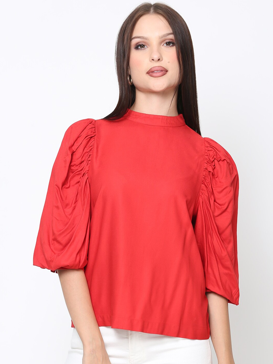 

DRIRO Solid Puff Sleeves Top, Red