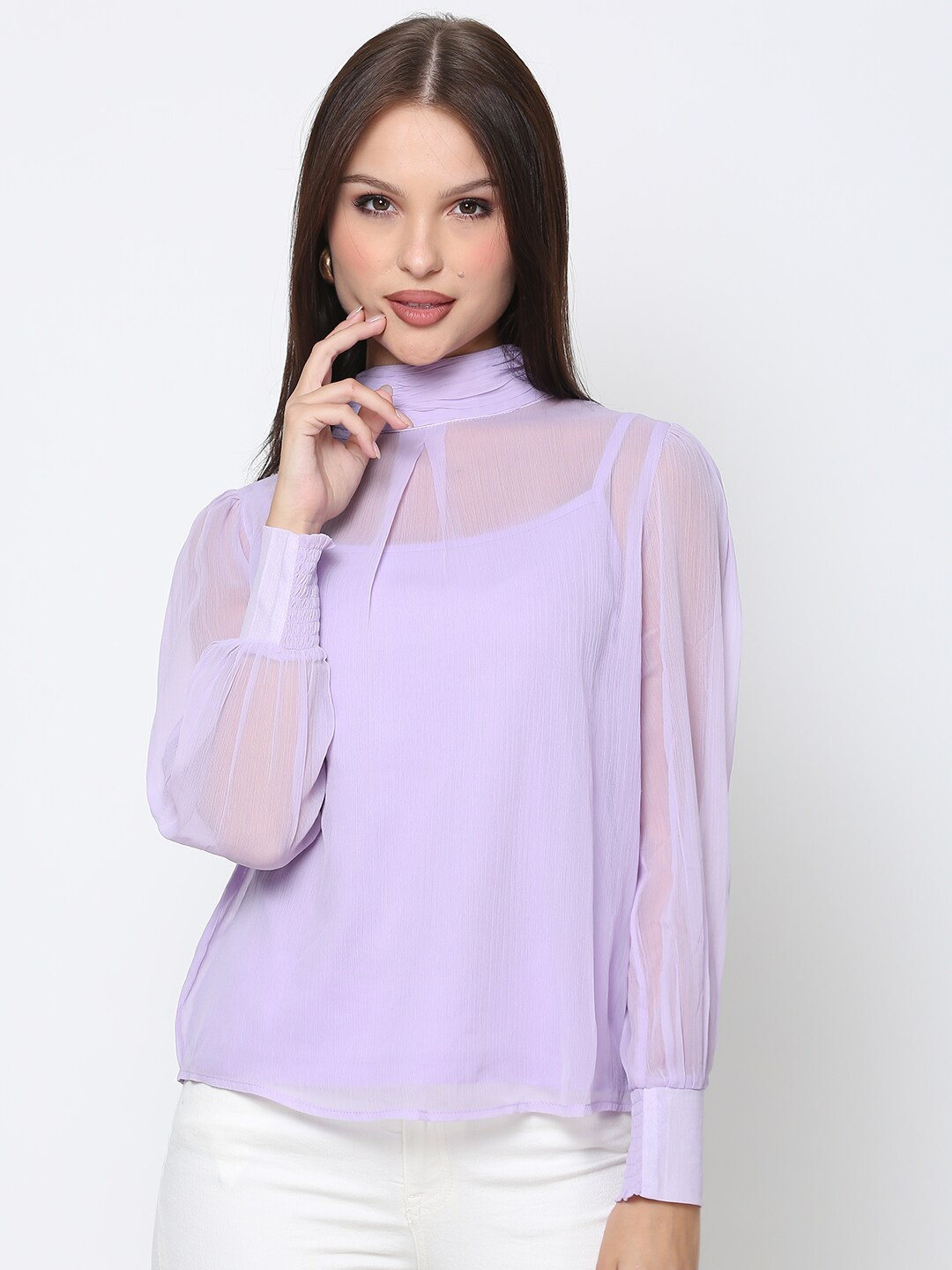 

DRIRO Women Lavender High Neck Chiffon Top