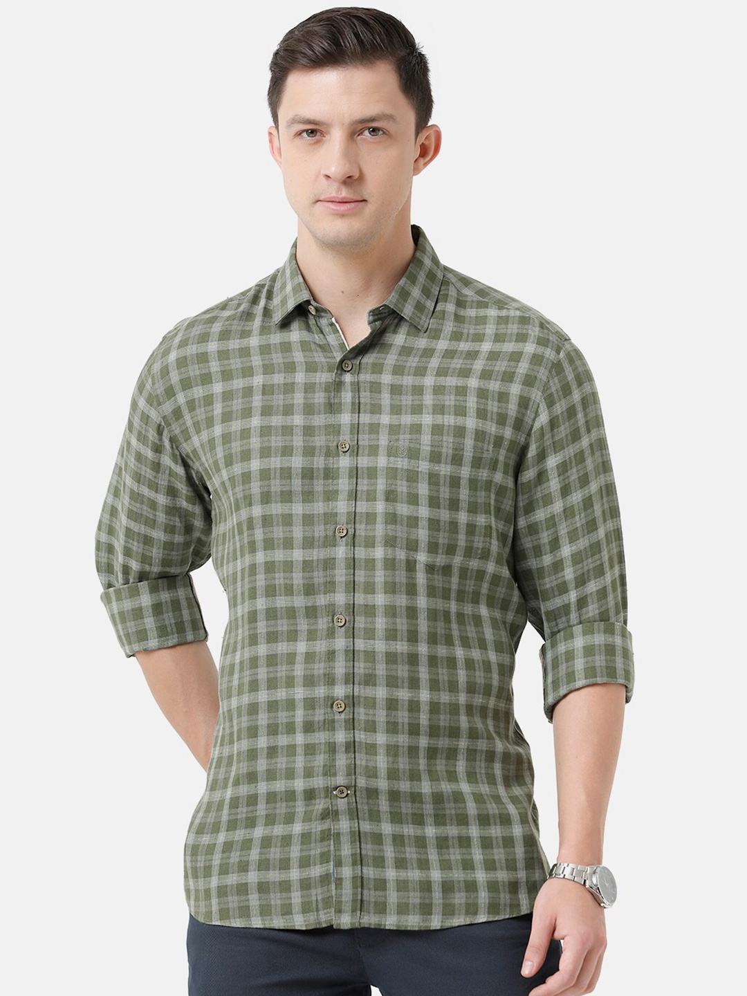 

Linen Club Men Tartan Checked Linen Sustainable Casual Shirt, Green