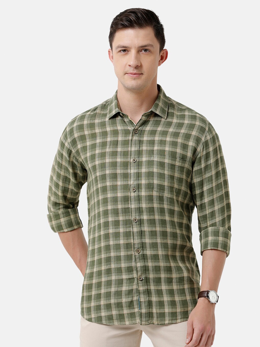 

Linen Club Men Checked Sustainable Casual Shirt, Green