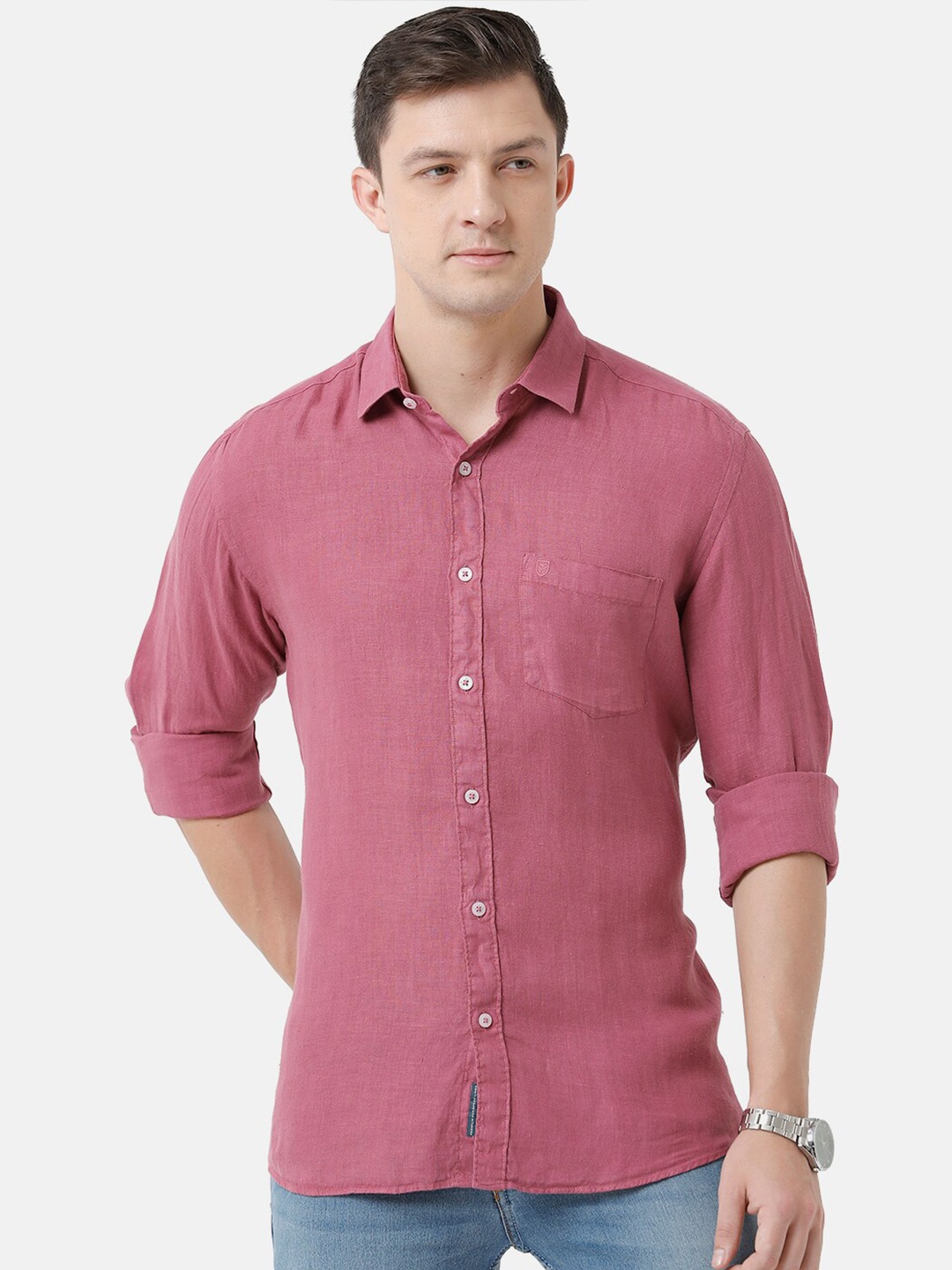 

Linen Club Men Sustainable Casual Regular Fit Linen Shirt, Purple