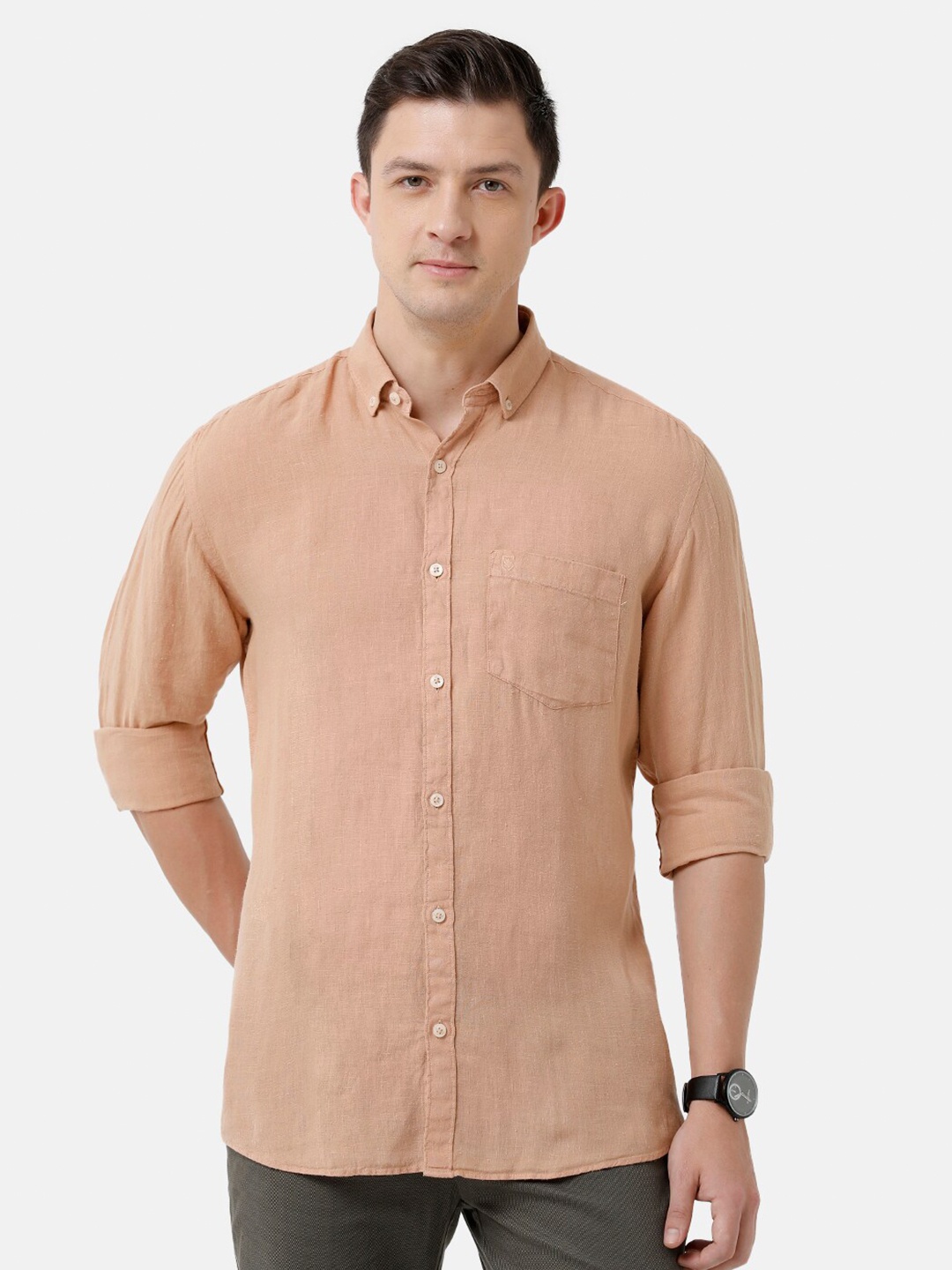 

Linen Club Men Peach Casual Linen Shirt