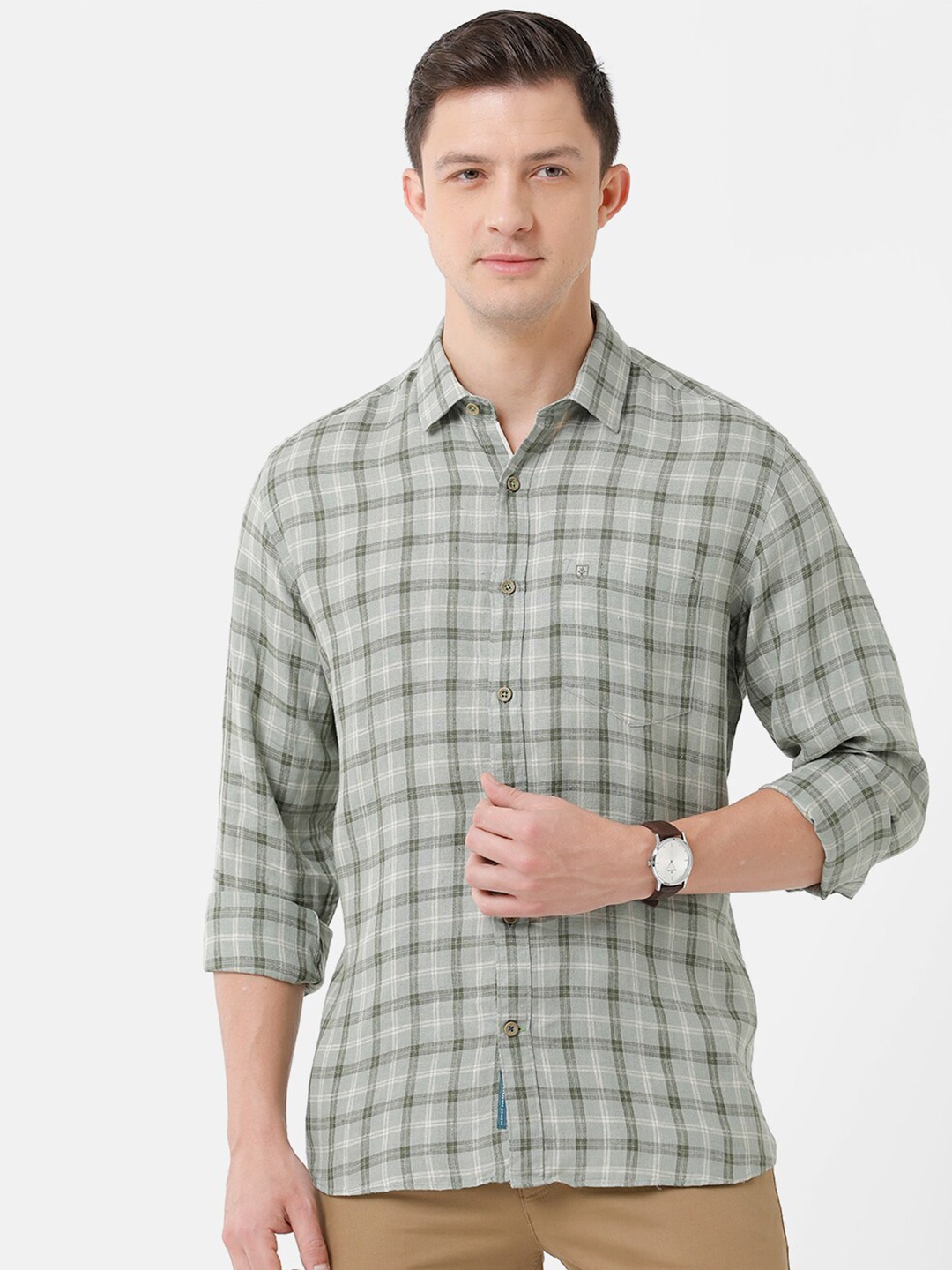 

Linen Club Men Checked Casual Regular Fit Linen Shirt, Green