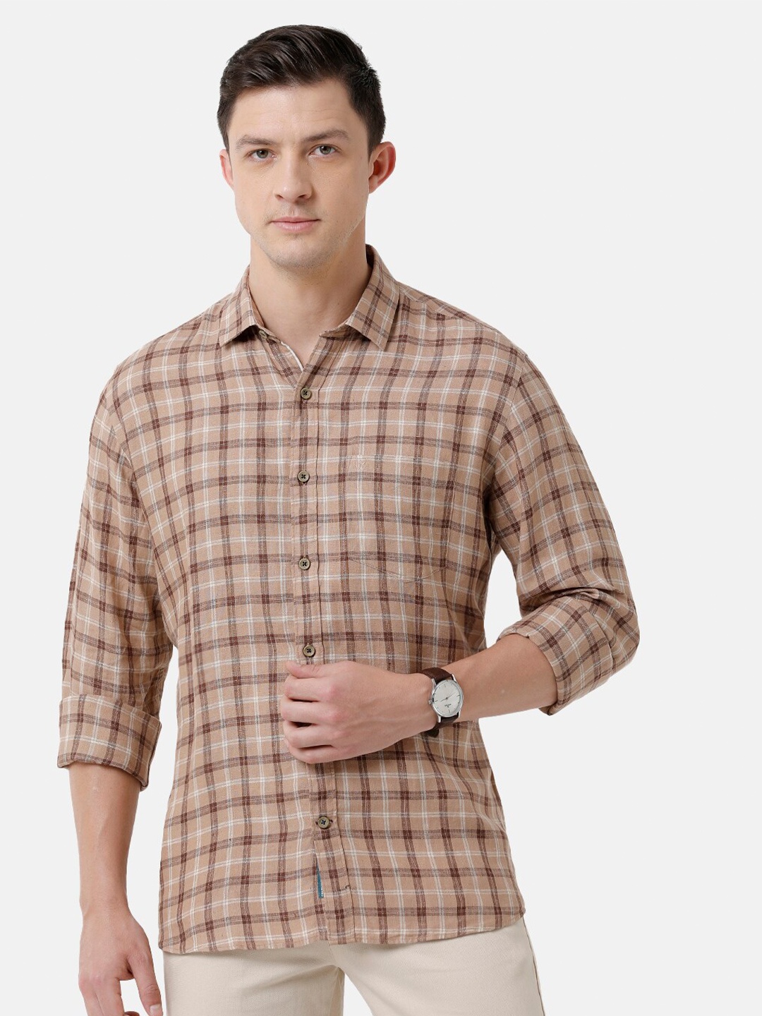 

Linen Club Men Tartan Checked Sustainable Casual Regular Fit Linen Shirt, Brown