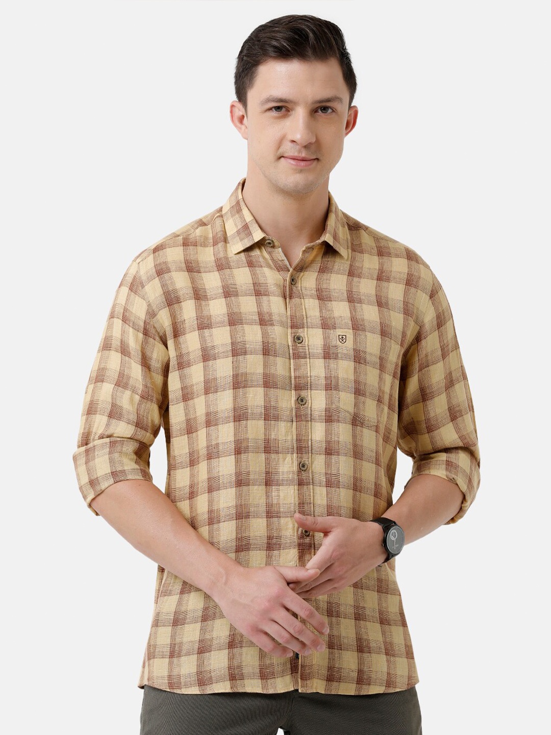 

Linen Club Men Checked Casual Regular Fit Linen Shirt, Beige