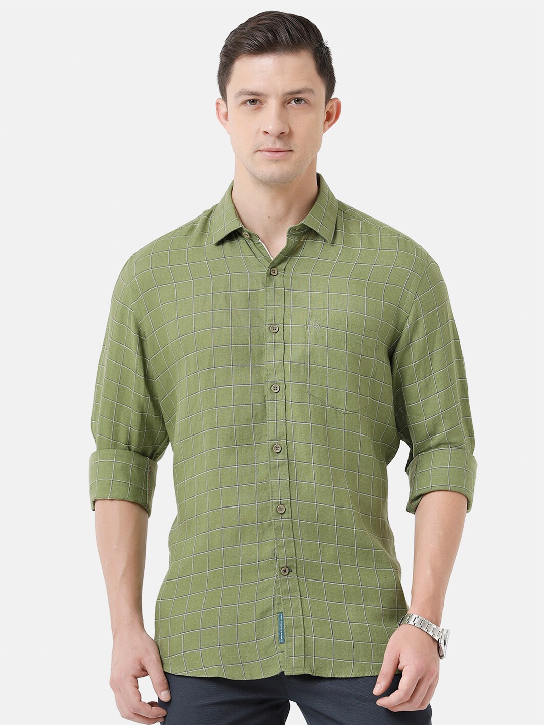 

Linen Club Men Checked Sustainable Casual Regular Fit Linen Shirt, Green