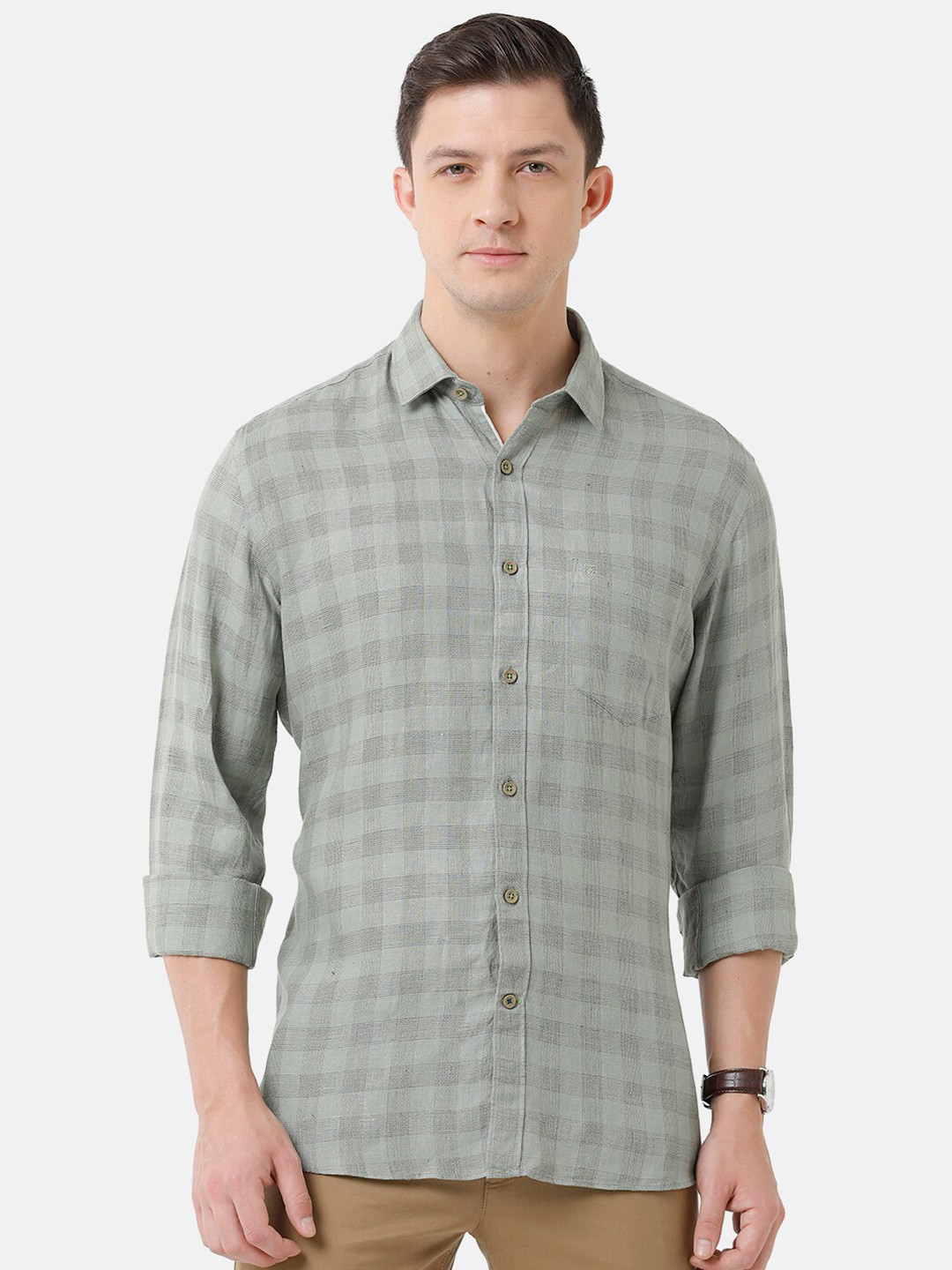 

Linen Club Men Checked Casual Regular Fit Linen Shirt, Grey