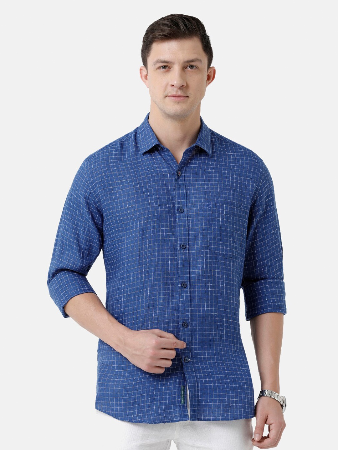 

Linen Club Men Checked Casual Regular Fit Linen Shirt, Blue