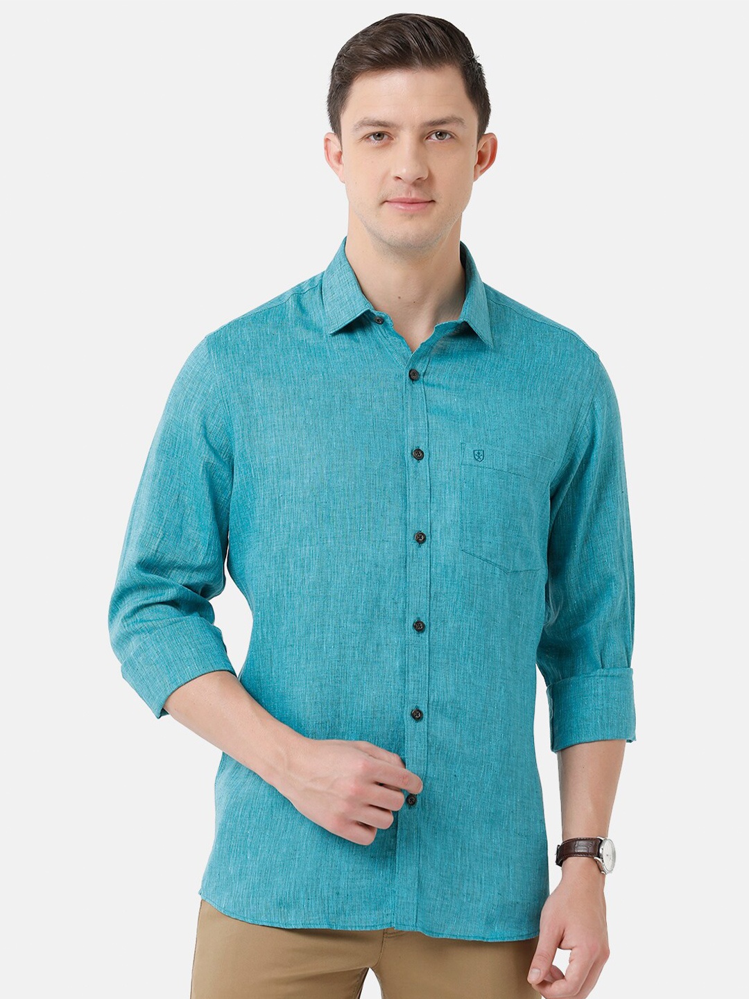 

Linen Club Men Solid Sustainable Casual Regular Fit Linen Shirt, Turquoise blue
