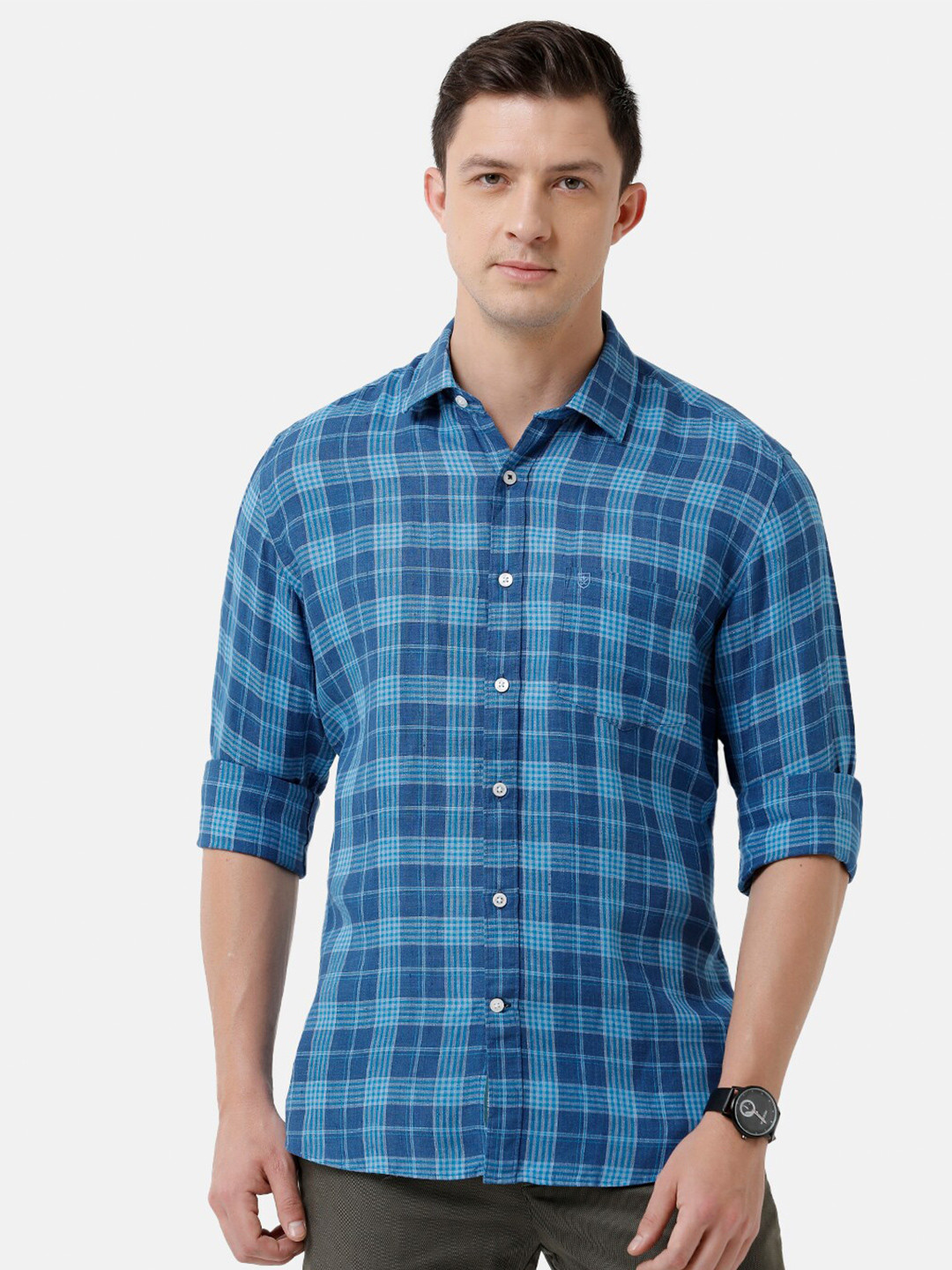 

Linen Club Men Linen Tartan Checked Regular Fit Sustainable Casual Shirt, Blue
