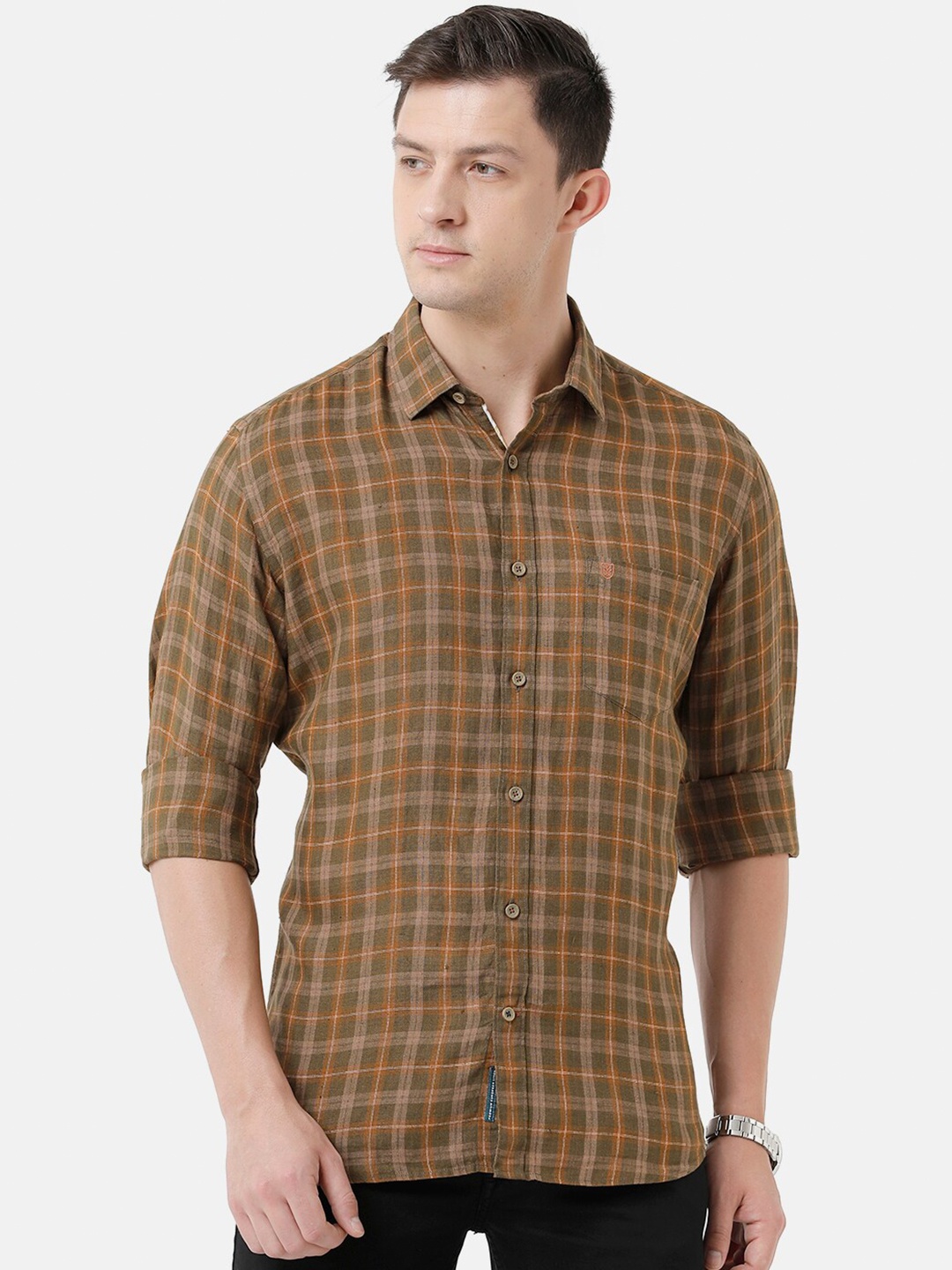 

Linen Club Men Tartan Checks Checked Casual Regular Fit Linen Shirt, Orange