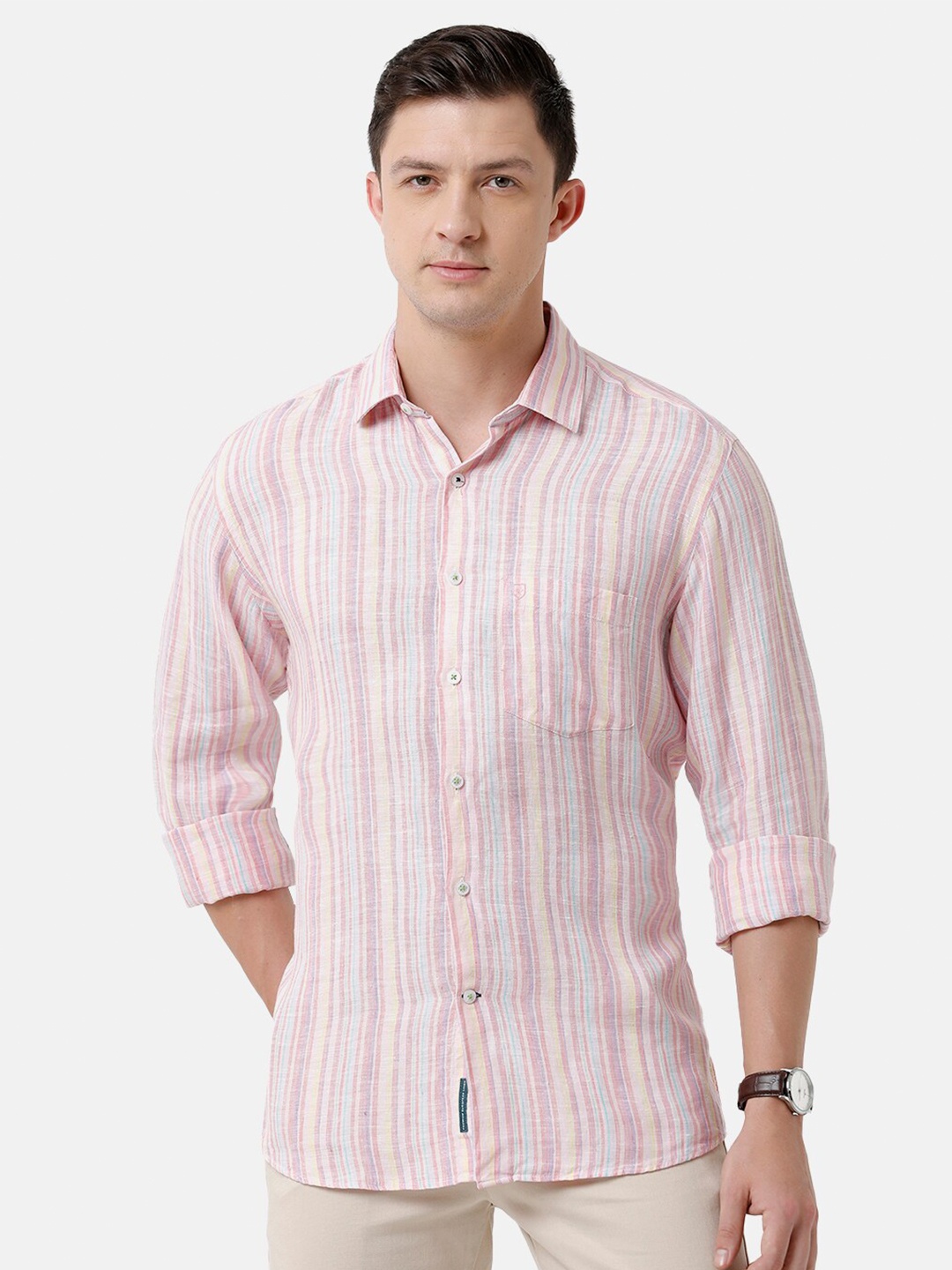 

Linen Club Men Striped Casual Regular Fit Linen Shirt, Pink