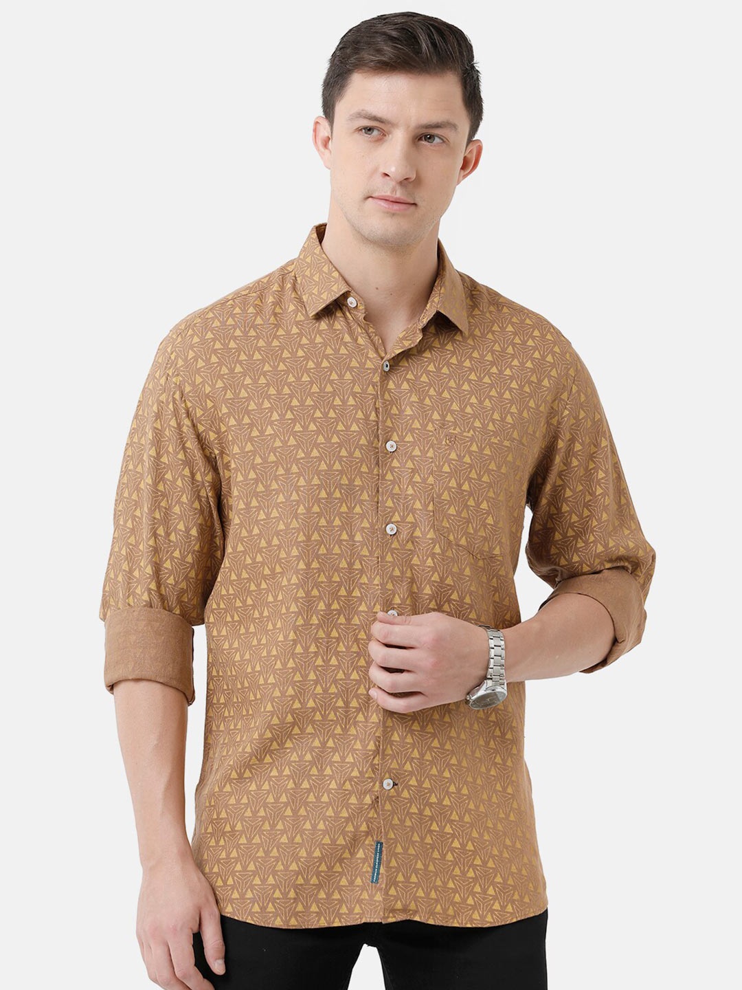 

Linen Club Men Printed Sustainable Casual Regular Fit Linen Shirt, Brown