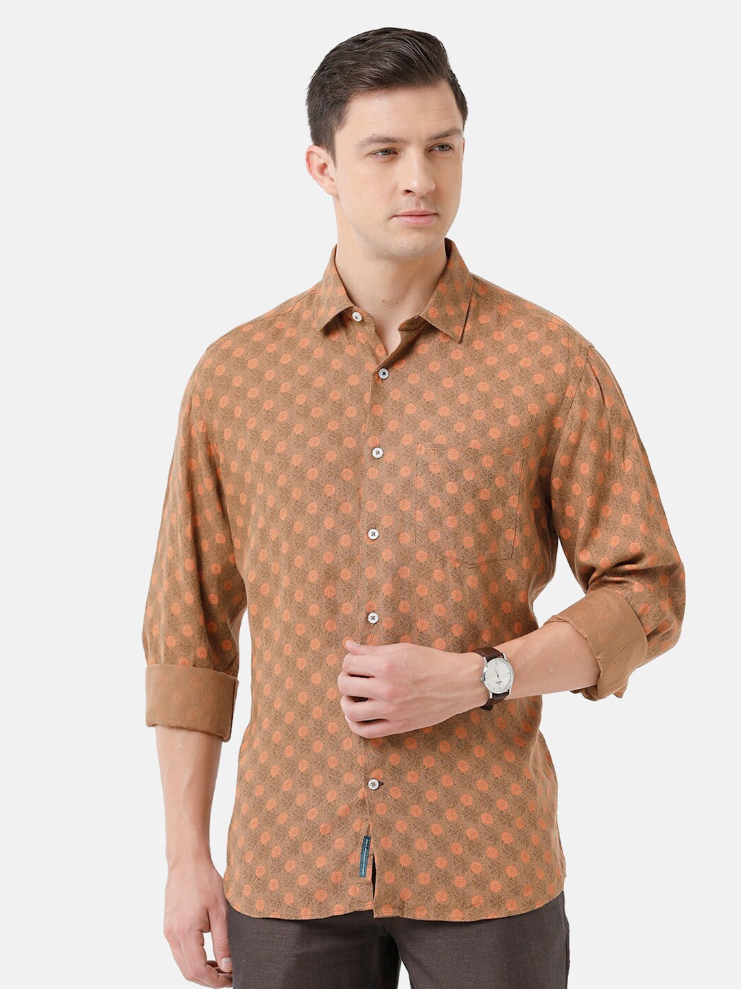 

Linen Club Men Printed Sustainable Casual Regular Fit Linen Shirt, Brown