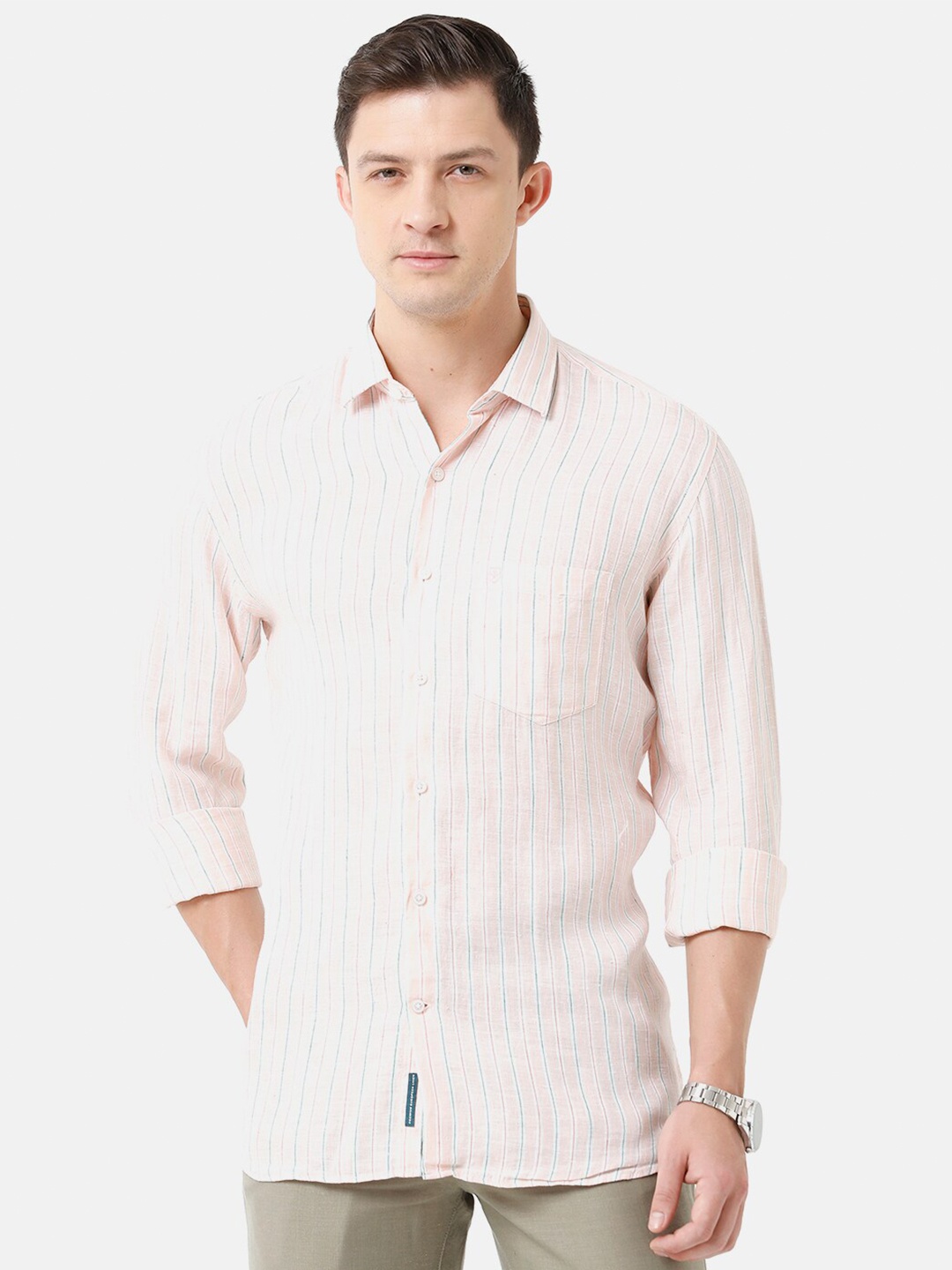 

Linen Club Men Striped Sustainable Casual Regular Fit Linen Shirt, Pink