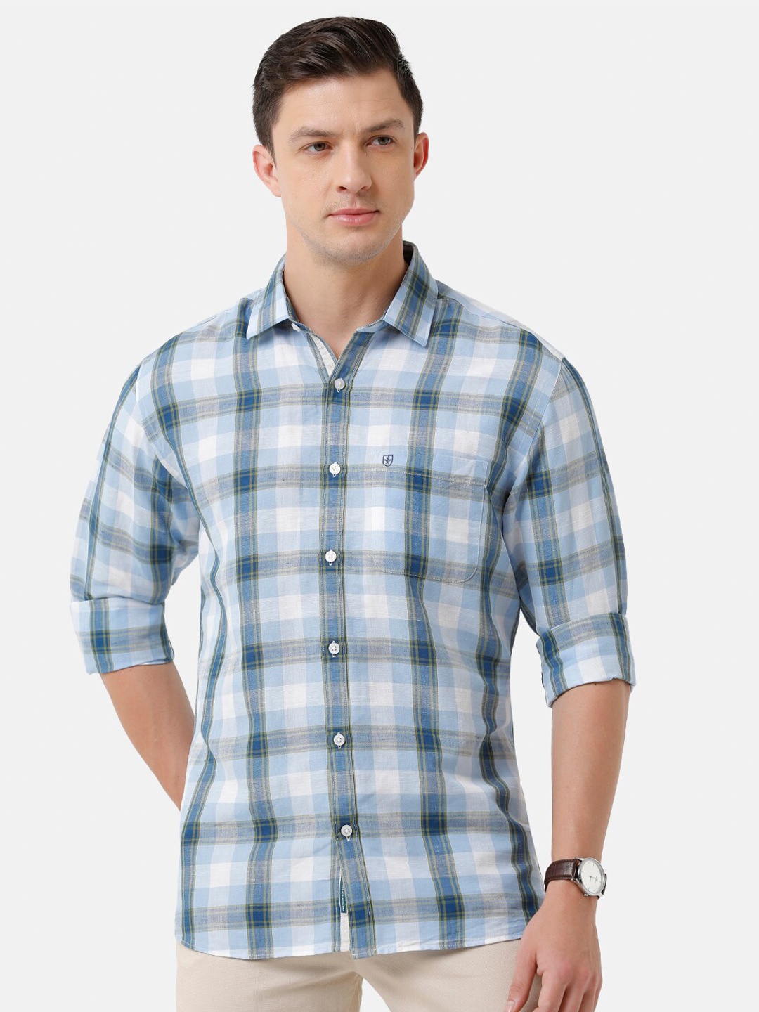

Linen Club Men Checked Casual Regular Fit Linen Shirt Shirt, Blue