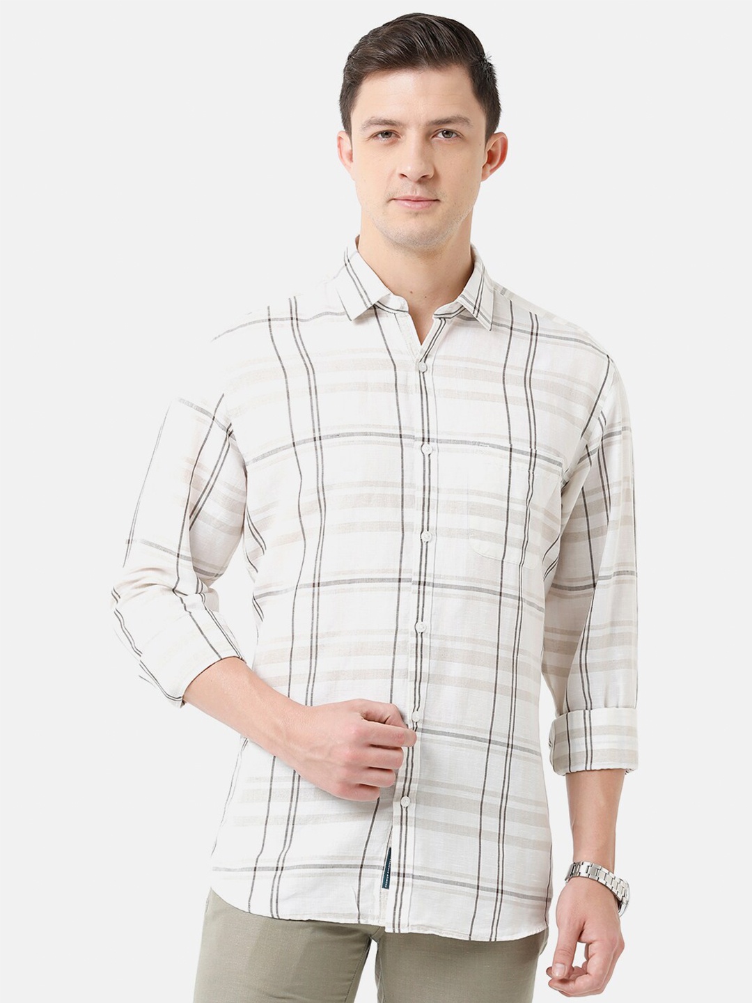 

Linen Club Men Windowpane Checks Checked Casual Linen Shirt, White