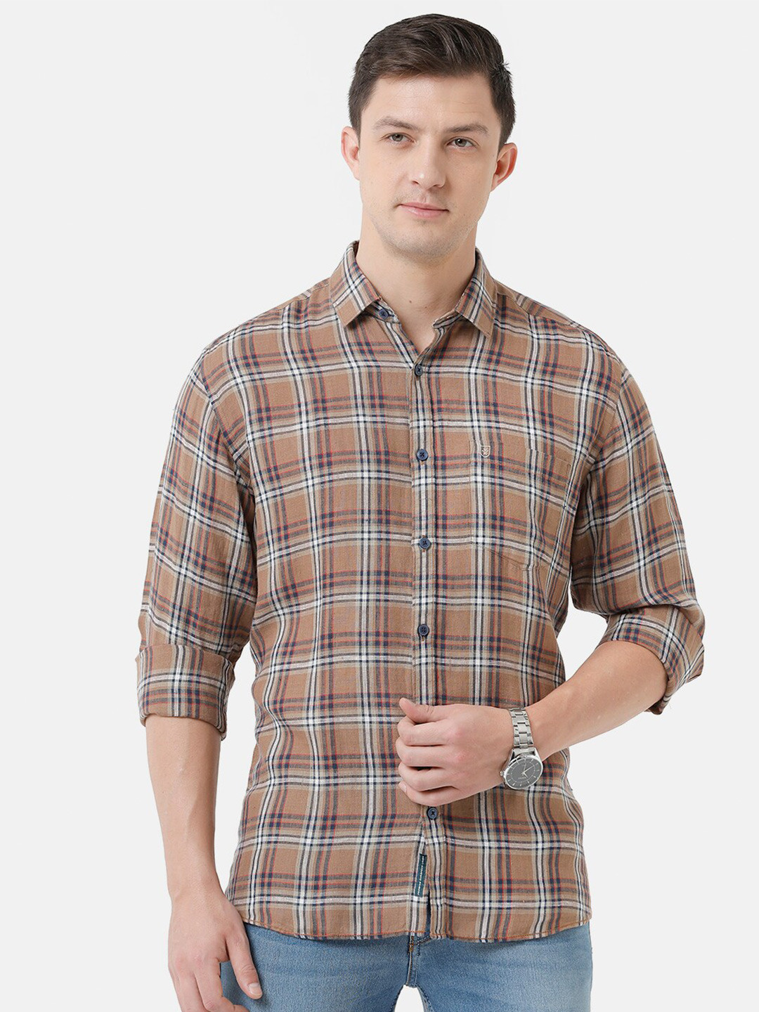 

Linen Club Men Tartan Checks Checked Casual Regular Fit Linen Shirt, Brown