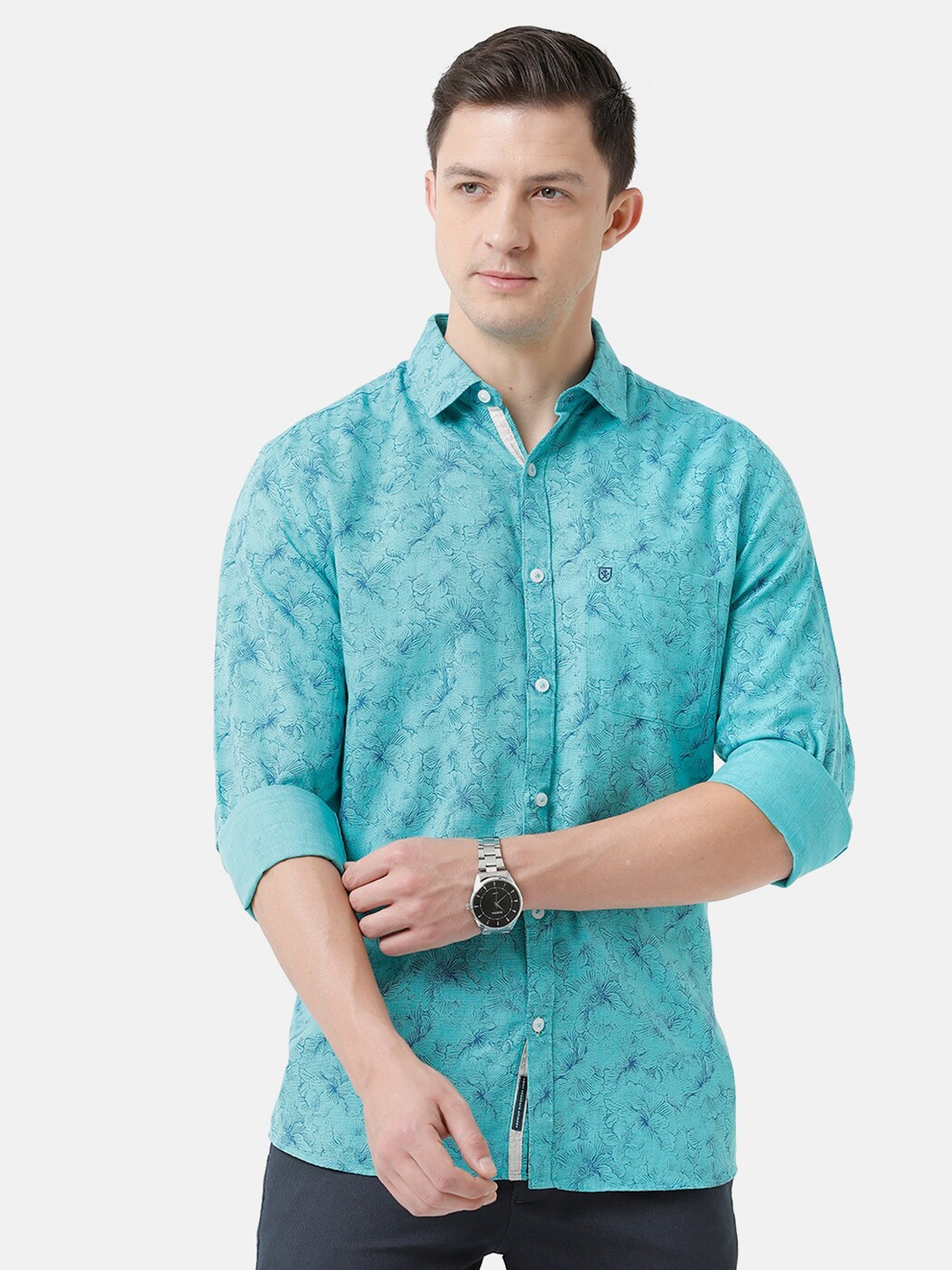 

Linen Club Men Printed Casual Regular Fit Linen Shirt, Turquoise blue