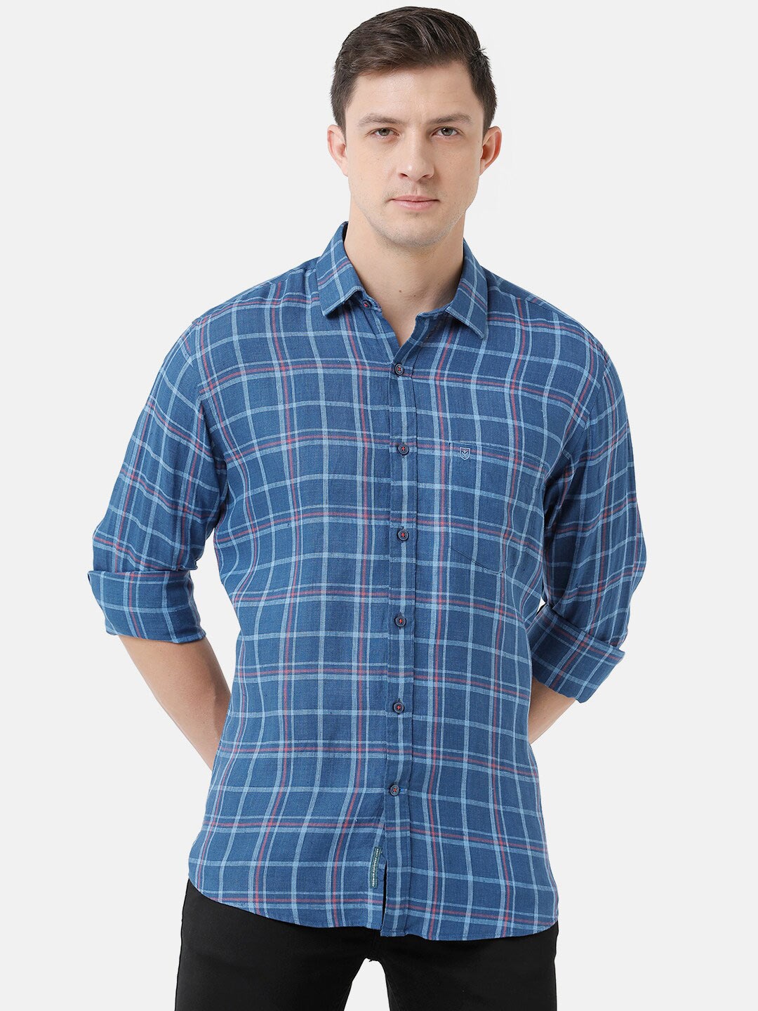

Linen Club Men Checked Casual Regular Fit Linen Shirt, Blue