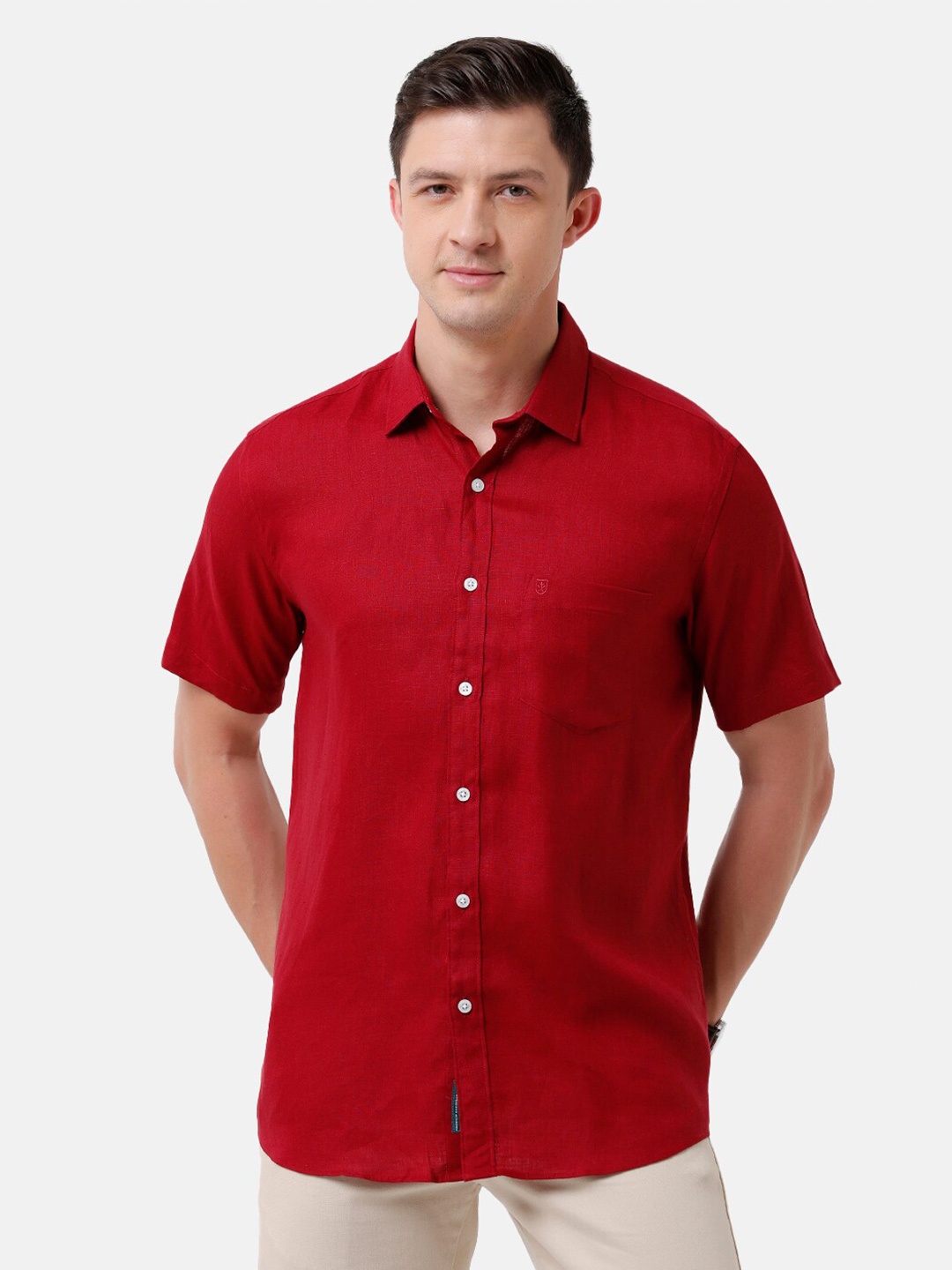 

Linen Club Men Solid Sustainable Casual Regular Fit Linen Shirt, Red