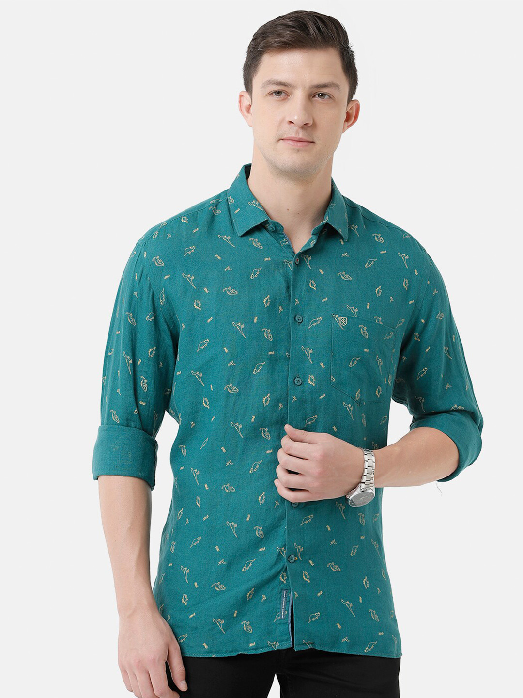 

Linen Club Men Printed Sustainable Casual Regular Fit Linen Shirt, Green
