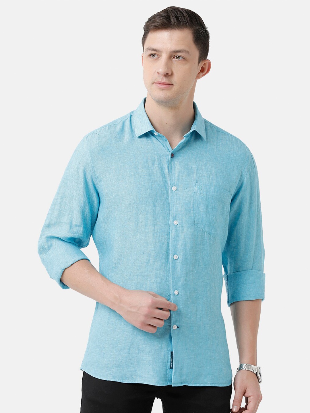 

Linen Club Men Solid Casual Regular Fit Linen Shirt, Turquoise blue