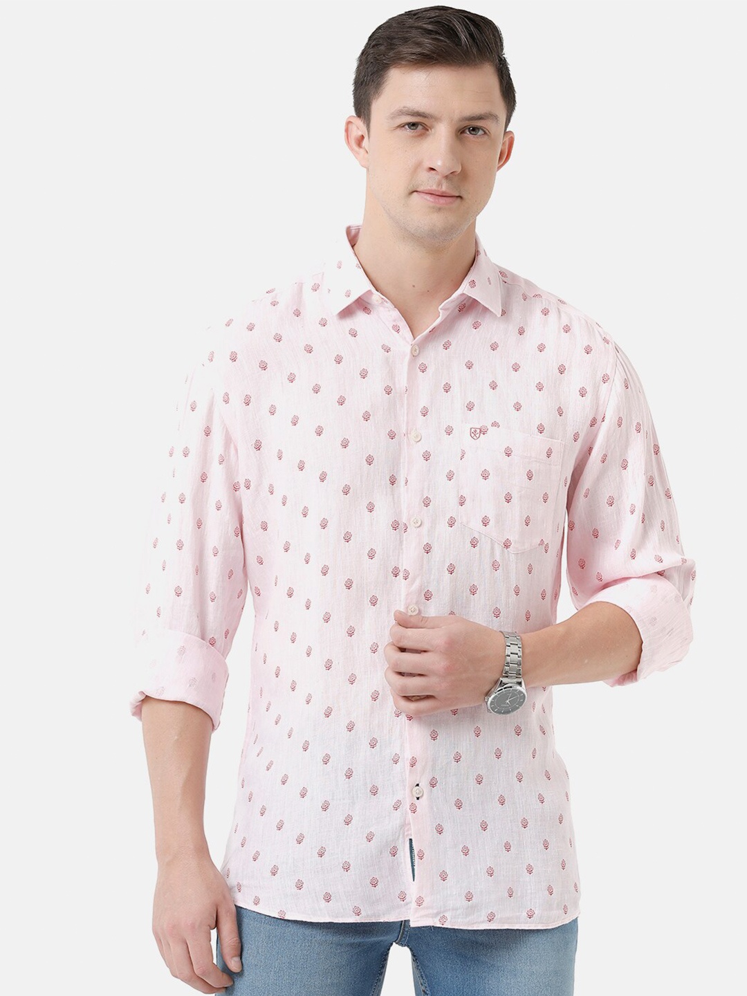 

Linen Club Men Printed Casual Regular Fit Linen Shirt, Pink