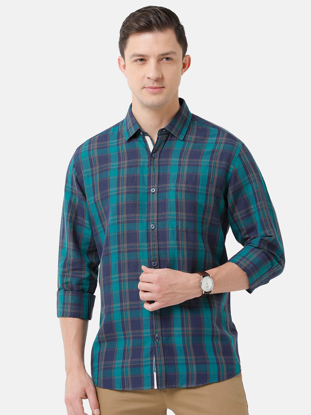 

Linen Club Men Tartan Checks Checked Casual Regular Fit Linen Shirt, Green
