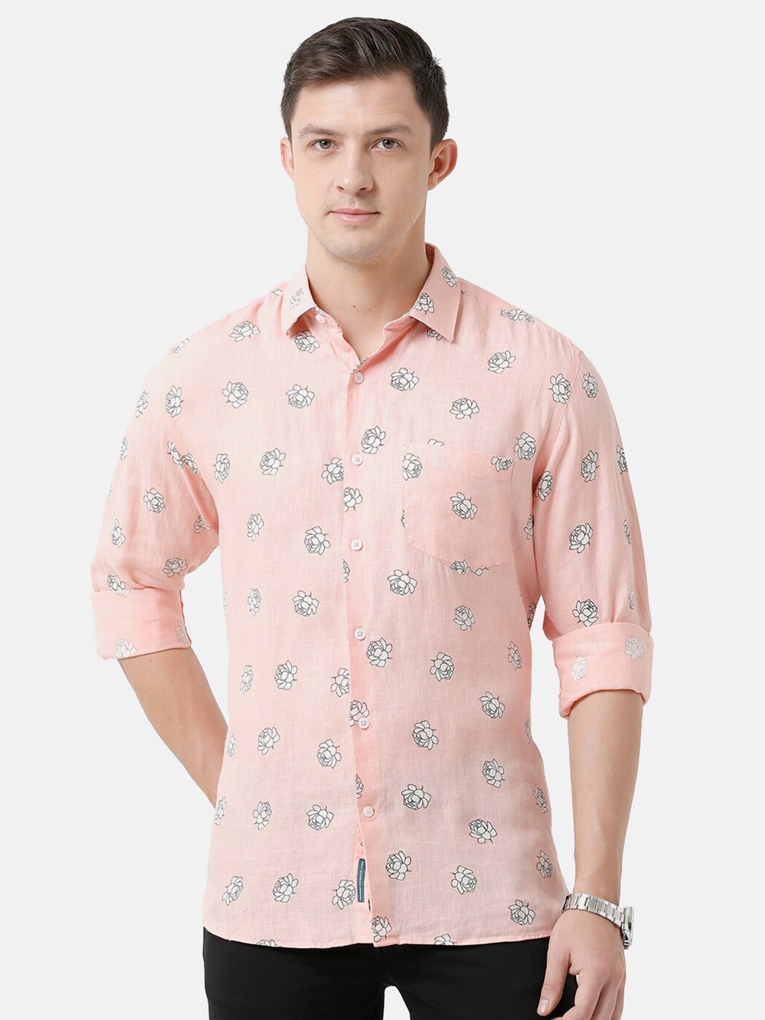 

Linen Club Men Floral Printed Casual Regular Fit Linen Shirt, Pink