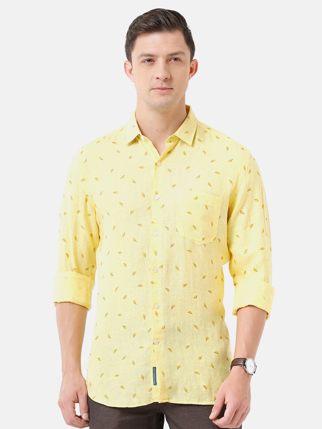 

Linen Club Men Printed Sustainable Casual Regular Fit Linen Shirt, Yellow