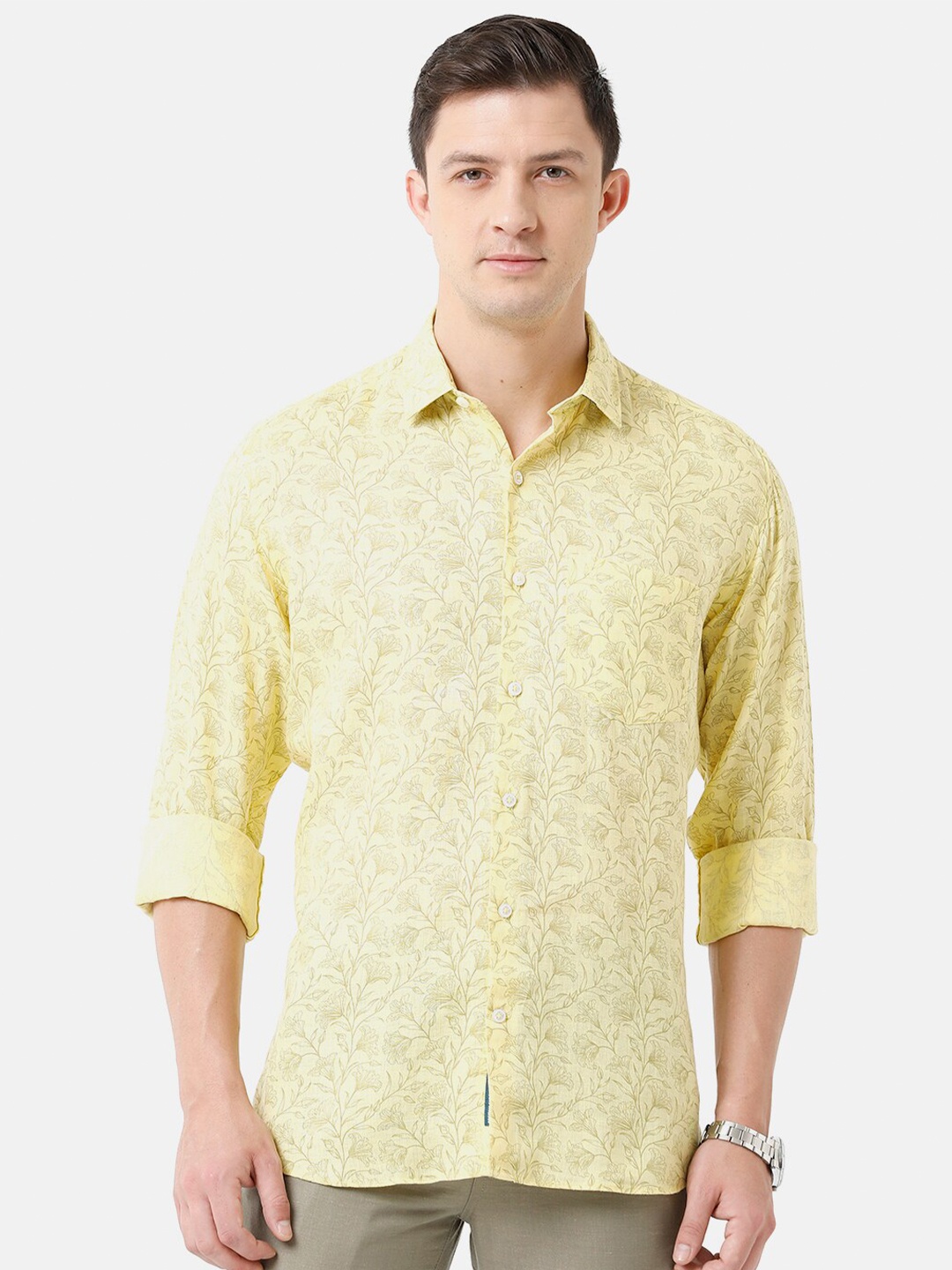 

Linen Club Men Printed Sustainable Casual Regular Fit Linen Shirt, Yellow