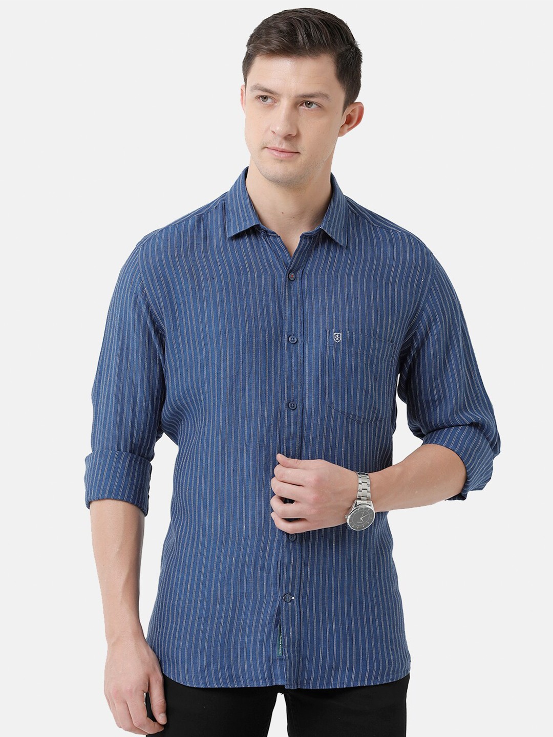 

Linen Club Men Striped Sustainable Casual Regular Fit Linen Shirt, Blue